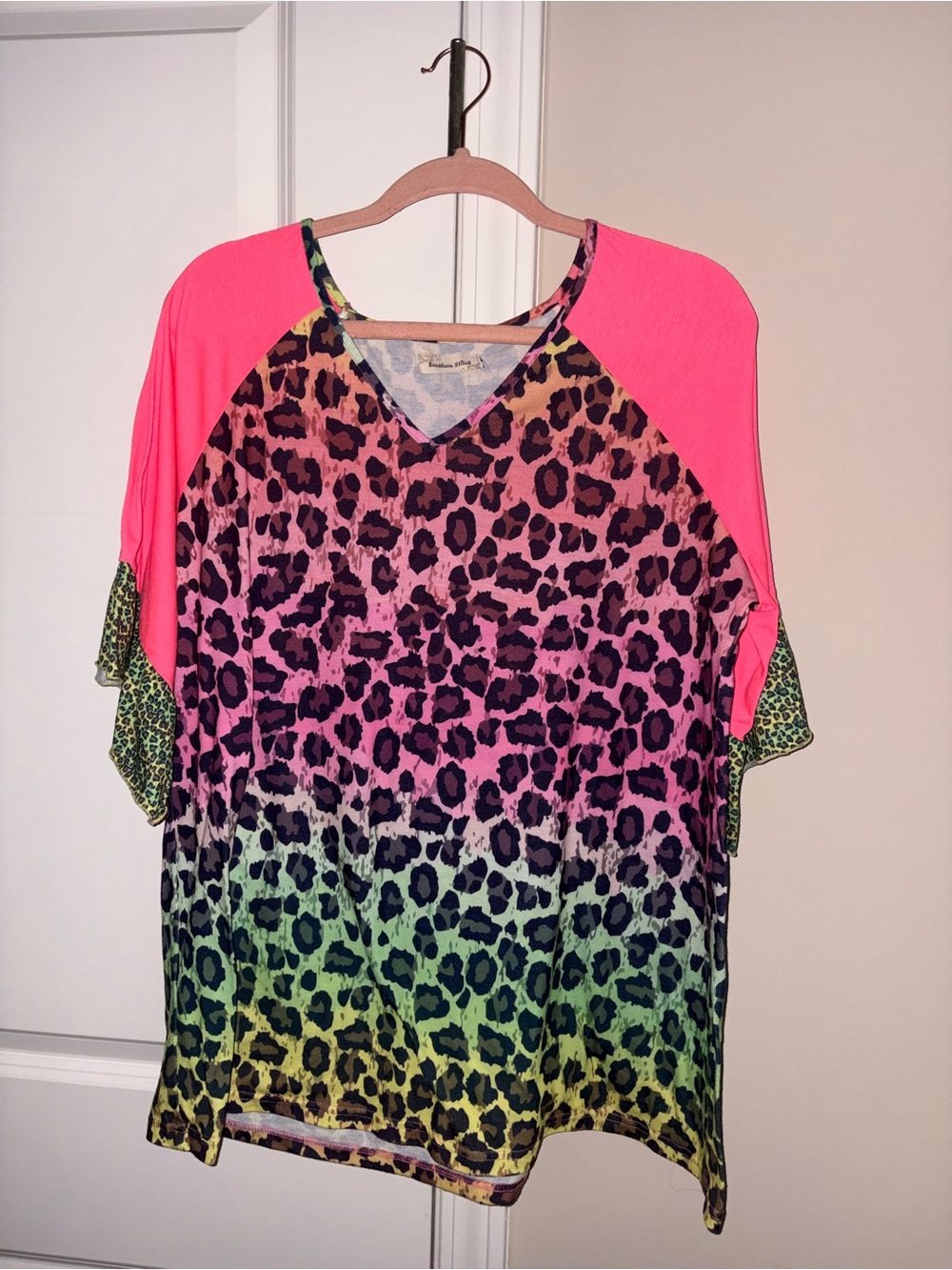 Pink Multicolor Leopard-Print V-Neck Blouse